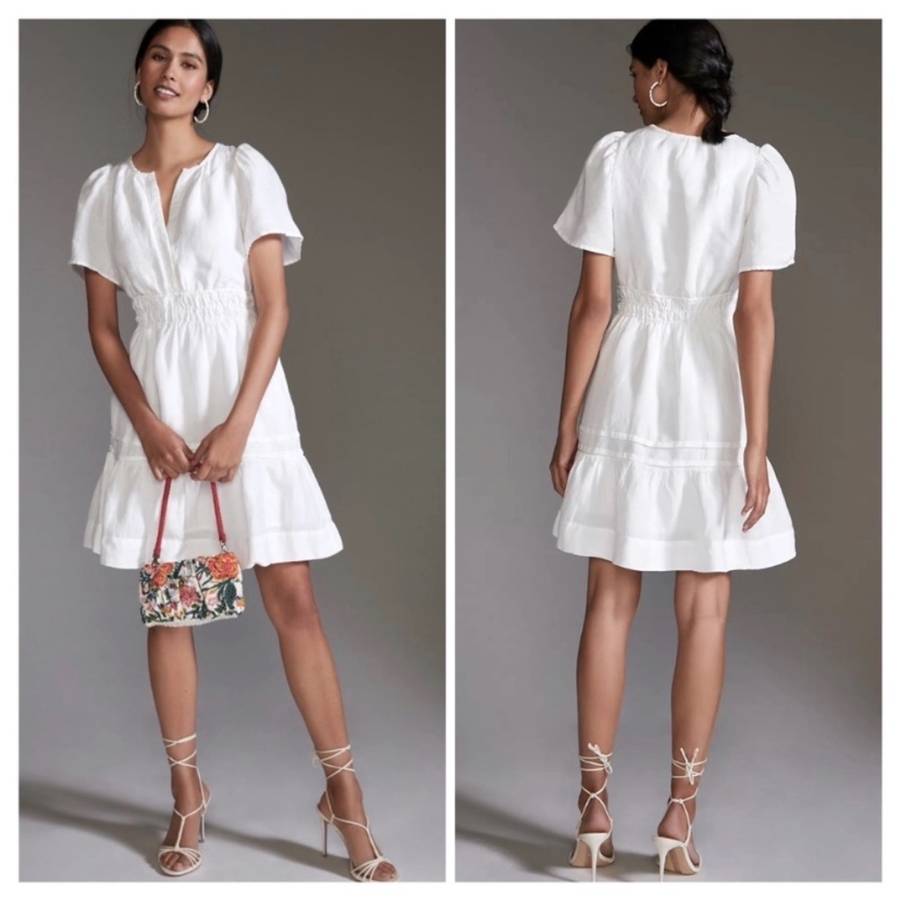 Anthropologie White Ruffled Mini Dress with Puff Sleeves